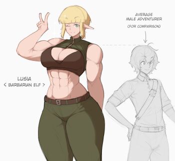 1girl abs biceps blonde_hair breasts cleavage commentary elf english_commentary green_eyes height height_chart height_difference highres large_breasts muscular muscular_female navel obliques original pointy_ears short_male size_comparison size_difference tall_female thick_arms thick_thighs thighs v zeph505