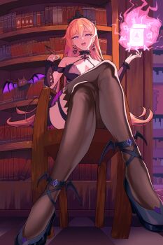1girl absurdres black_dress black_shoes black_thighhighs black_tiara bookshelf breasts chair checkered_floor collarbone crossed_legs dress earrings fire from_below high_heels highres hikkio holding holding_quill jewelry long_hair on_chair open_mouth orange_hair phase_connect pink_fire pink_nails purple_eyes quill runie_ruse scroll second-party_source shoes sitting snake_earrings solo thigh_strap thighhighs tiara virtual_youtuber