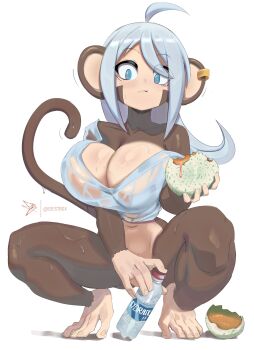 1girl absurdres ahoge animal_ears artist_name blue_eyes blue_hair bottle breasts cantaloupe closed_mouth ear_piercing eating food fruit geistbox highres holding holding_food large_breasts long_hair luna_(geistbox) melon monkey monkey_ears monkey_girl monkey_tail navel original piercing simple_background solo squatting tail water_bottle white_background
