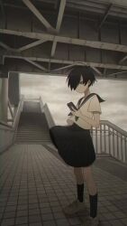 1boy animated black_neckerchief black_sailor_collar black_skirt black_socks blinking cellphone closed_mouth clothes_lift crossdressing crossdressing_(mtf) crossdressing_boy_(kamisimo_90) day expressionless floating_hair full_body grey_eyes highres holding holding_phone looking_down neckerchief original outdoors overcast phone pleated_skirt railing sailor_collar sasakure_(mogunonbi) school_uniform serafuku shoes short_hair skirt skirt_lift sky smartphone sneakers socks solo sound stairs standing storm tactile_paving under_bridge video wind wind_lift
