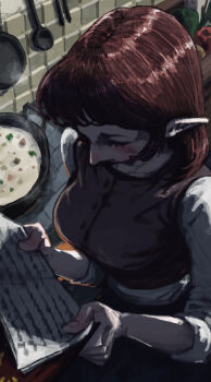 1girl absurdres anju_(zelda) blush cooking cooking_pot dress food from_above gus_uur highres indoors kitchen letter nintendo note pinafore_dress pointy_ears reading red_hair sleeveless sleeveless_dress solo soup the_legend_of_zelda the_legend_of_zelda:_majora's_mask