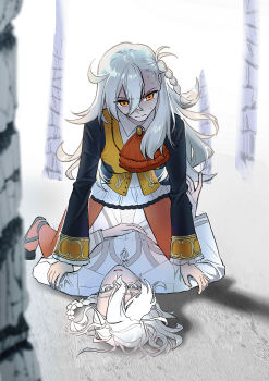 Rule 34 | 1girl, absurdres, ahoge, ascot, braid, braided ponytail, chaldea logo, chaldea security organization, chaldea uniform, coat, fate/grand order, fate (series), father and daughter, formal clothes, grey trim, grey vest, highres, lab coat, lim (r1m 1031), long hair, long sleeves, marisbury animusphere, olga marie animusphere, orange eyes, orange pantyhose, pantyhose, red ascot, shaded face, side braid, single braid, suit, very long hair, vest, white coat, white hair, white suit