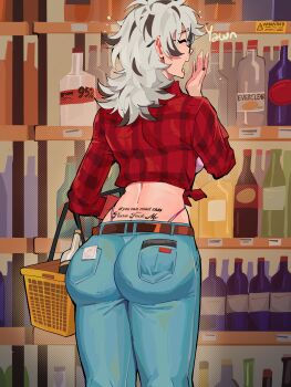 Rule 34 | 1girl, absurdres, alcohol, basket, bottle, checkered clothes, condom, condom wrapper, denim, diforland, everclear, female pervert, glasses, highleg, highleg panties, highres, jeans, nail polish, object in pocket, original, panties, pants, pervert, plaid clothes, plaid shirt, pocket, profanity, red shirt, shirt, shopping, shopping basket, tattoo, underwear, white hair, yawning