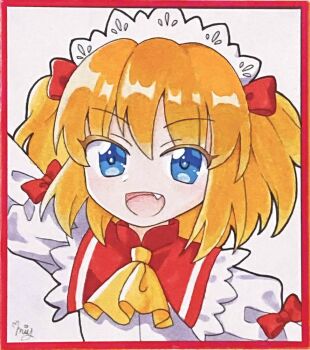 Rule 34 | 1girl, ascot, blue eyes, border, commentary, dress, fang, headdress, looking at viewer, medium hair, miy 001, open mouth, orange hair, red border, signature, smile, solo, sunny milk, symbol-only commentary, touhou, white dress, yellow ascot