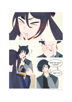 &gt;_&lt; 1boy 1girl :3 absurdres alternate_costume alternate_universe animal_ear_fluff animal_ears arrow_(symbol) artist_name asymmetrical_bangs black_hair black_ribbon black_shirt black_sleeves blunt_bangs blunt_ends blush casual cat_boy cat_ears closed_eyes closed_mouth collar collared_shirt contemporary english_text food food_request genshin_impact genshinribu green_collar grey_jacket grey_sleeves hair_between_eyes hair_ribbon hand_up head_tilt hetero highres jacket lapels left-to-right_manga licking licking_finger long_hair long_sleeves looking_at_another looking_at_hand mona_(genshin_impact) motion_lines open_clothes open_hand open_jacket open_mouth parted_bangs parted_lips pink_lips plate red_ribbon ribbon scaramouche_(genshin_impact) shirt sidelocks sitting speech_bubble table thumb_to_mouth tongue tongue_out twintails undershirt white_mouth wispy_bangs