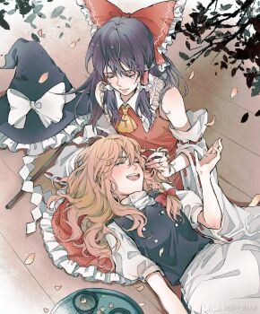 Rule 34 | 2girls, aihara-rina, apron, artist collaboration, ascot, blonde hair, bow, braid, chinese commentary, closed eyes, closed mouth, colorized, commentary request, detached sleeves, falling petals, frilled bow, frilled hair tubes, frilled skirt, frills, gohei, hair bow, hair tubes, hakurei reimu, hand in another's hair, hat, hat bow, highres, hitte5416, kirisame marisa, lap pillow, long hair, multiple girls, open mouth, petals, red bow, red skirt, ribbon-trimmed sleeves, ribbon trim, side braid, single braid, sitting, skirt, skirt set, smile, teeth, touhou, unworn headwear, upper teeth only, waist apron, watermark, witch hat, yellow ascot, yuri