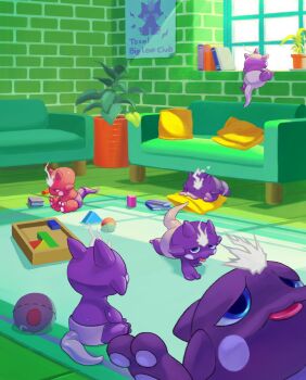 alternate_color ball blue_eyes book brick_wall couch cushion enrike_(enrique_mr_blue) gen_8_pokemon highres indoors nintendo no_humans plant pokemon pokemon_(creature) poster_(object) potted_plant rug shiny_pokemon sitting tongue tongue_out toxel toy_block window