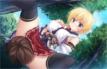 Rule 34 | 1boy, 1girl, :o, ahoge, arichi masaomi, bare shoulders, black thighhighs, blonde hair, blush, braid, breasts, brown hair, clenched hand, day, dutch angle, eyes visible through hair, forest, frilled sleeves, frills, game asset, girl on top, grass, hair between eyes, hand up, hetero, japanese clothes, kimono, kobuichi, large breasts, lena liechtenauer, long hair, looking at another, looking down, miniskirt, nature, non-web source, official alternate costume, official alternate hairstyle, official art, on ground, open mouth, otogi frontier, outdoors, pleated skirt, purple eyes, red skirt, senren banka, short hair, single braid, sitting, sitting on person, skirt, spread legs, thighhighs, thighs, tree, variant set, white kimono, zettai ryouiki