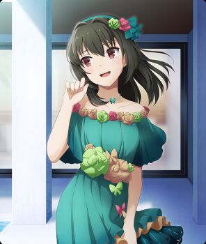 Rule 34 | 1girl, averting eyes, bare shoulders, breasts, brown flower, brown rose, butterfly ornament, collarbone, cowboy shot, dot nose, dress, flower, formal clothes, game cg, green dress, green flower, green hair, green hairband, green rose, green skirt, hair intakes, hairband, hand up, head tilt, jewelry, juujou kagari, layered skirt, medium hair, necklace, off-shoulder dress, off shoulder, official art, open mouth, orange skirt, pearl necklace, pillar, red eyes, red flower, red rose, rose, sideways glance, skirt, small breasts, smile, solo, teeth, third-party source, toji no miko, toji no miko: kizamishi issen no tomoshibi, upper teeth only, water, window