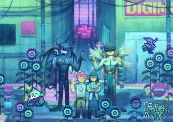 Rule 34 | absurdres, aiba takumi, angel, angel wings, angemon, belt, binary, black bodysuit, black hair, blue jumpsuit, bodysuit, building, chrysalimon, claws, closed eyes, crossed arms, demon, demon horns, demon wings, devimon, digimon, digimon (creature), digimon story: cyber sleuth, flower, fortunemagex, galgomon, goggles, goggles on head, hand on another's shoulder, heart, heart hands, highres, horns, jumpsuit, loincloth, long hair, orange hair, pants, pelvic curtain, pixel art, power lines, red hair, road, road sign, sanada arata, sign, skin tight, street, sunflower, television, thumbs up, utility pole, v, white bodysuit, wings, yellow pants