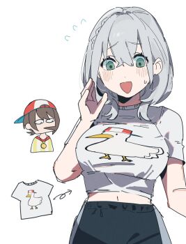 2girls backwards_hat bird blush braid breasts bun_(bun_5u) commentary duck flying_sweatdrops green_eyes grey_hair hair_between_eyes hand_up hat highres hololive large_breasts medium_hair midriff_peek multiple_girls navel oozora_subaru open_mouth shirogane_noel shirt simple_background smile solo_focus stopwatch stopwatch_around_neck striped_clothes striped_shirt swept_bangs t-shirt vertical-striped_clothes vertical-striped_shirt virtual_youtuber watch wavy_hair white_background yellow_shirt