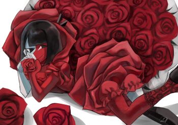 Rule 34 | 1girl, black eyes, black hair, blunt bangs, bob cut, colored skin, ena: dream bbq, ena (dream bbq), ena (series), ena (species), flower, highres, jitome, low poly, multicolored skin, red flower, red rose, red skin, red theme, rose, salesperson ena, short sleeves, smile, solo, split-color skin, two-tone skin, usagimarumei