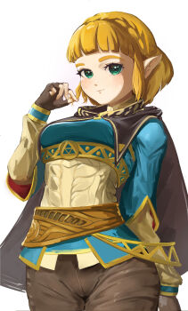 1girl absurdres alternate_hairstyle black_cape blonde_hair blue_shirt blunt_bangs braid breasts brown_gloves brown_pants cape closed_mouth cowboy_shot crown_braid fingerless_gloves gloves gold_trim green_eyes highres looking_at_viewer medium_breasts mineru128127 nintendo pants playing_with_own_hair pointy_ears princess_zelda shirt short_hair simple_background smile solo the_legend_of_zelda the_legend_of_zelda:_tears_of_the_kingdom white_background