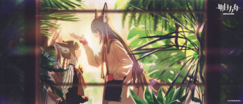 2girls animal_ears arknights bag blonde_hair braid closed_mouth fox_ears fox_girl fox_tail highres kitsune kyuubi long_hair mother_and_daughter multiple_girls multiple_tails open_mouth suzuran_(arknights) tail tomato_(lsj44867) vulpisfoglia_(arknights)