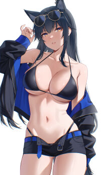 1girl animal_ears arknights belt bikini black_bikini black_hair black_jacket black_shorts blue_belt breasts collarbone commentary commentary_request commission deras english_commentary eyewear_on_head highres jacket large_breasts long_hair long_sleeves looking_at_viewer navel open_fly parted_lips shorts simple_background solo sunglasses swimsuit tail texas_(arknights) thighs white_background wolf_ears wolf_girl wolf_tail yellow_eyes