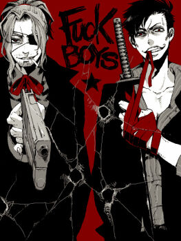 2boys aiming bandaged_hand bandages black_jacket blazer bow bowtie bullet_hole cigarette clenched_teeth dress_shirt english_text eyepatch gangsta gun holding holding_gun holding_sword holding_weapon jacket male_focus multiple_boys nicolas_brown open_clothes open_jacket partially_colored partially_unbuttoned pointing pointing_at_viewer red_background red_eyes shattered shirt smoking star_(symbol) string string_of_fate sword teeth weapon worick_arcangelo