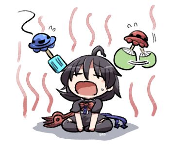1girl ahoge asymmetrical_wings black_dress black_hair black_thighhighs blue_wings blush_stickers chibi chibi_only closed_eyes commentary_request dress fanning flying_sweatdrops food full_body hand_fan hot houjuu_nue open_mouth popsicle red_wings rokugou_daisuke short_dress short_hair short_sleeves signature simple_background sitting solo sweatdrop thighhighs touhou ufo white_background wings