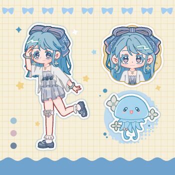 Rule 34 | 1girl, blue hair, blue ribbon, blue shoes, bow, bracelet, brown eyes, bubble print, chinese commentary, closed mouth, color guide, colored eyelashes, commentary request, cropped torso, dot nose, dress, earrings, flower earrings, frilled dress, frilled socks, frilled thigh strap, frills, full body, grey dress, grid background, hair ribbon, halftone, hand on own head, happy, highres, infinity nikki, jacket, jellyfish, jewelry, light blush, long hair, long sleeves, mary janes, multiple views, necklace, nikki (series), open clothes, open jacket, outline, partial commentary, pink ribbon, print ribbon, ribbon, shoes, short dress, sidelocks, smile, socks, sparkle, star (symbol), straight-on, straight hair, striped ribbon, stylist (nikki), tareme, thigh bow, thigh strap, tongyao (su-yao), two-tone ribbon, white bow, white jacket, white outline, white socks, yellow background