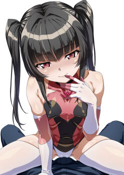 1boy 1girl black_hair blunt_bangs blush breasts bulge cameltoe covered_erect_nipples covered_navel erection erection_under_clothes girl_on_top highres impossible_clothes impossible_leotard leotard loli long_hair looking_at_viewer pink_eyes pink_leotard senki_zesshou_symphogear shiny_skin simple_background skin_tight skindentation small_breasts smile solo_focus straddling syunzou thighhighs tsukuyomi_shirabe twintails undersuit white_background white_thighhighs