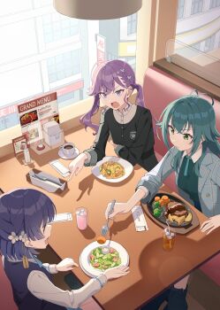 Rule 34 | 3girls, blue eyes, booth seating, character request, gakuen idolmaster, green eyes, green hair, hamburger steak, hataya misuzu, highres, idolmaster, index finger raised, kaya rinha, looking at another, menu board, multiple girls, napkin, napkin holder, open mouth, plate, purple hair, quarterlift, salad, shadow, sitting, sunlight, syngup! (idolmaster), table, tsukimura temari, twintails, window