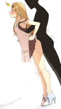 Rule 34 | 1boy, 1girl, apron, blonde hair, blush, clenched teeth, clothes lift, cowpersurfer, dagashi kashi, dutch angle, earrings, endou saya, faceless, faceless male, hair ornament, hairclip, hetero, high heels, highres, jewelry, long hair, parallel hairclips, sex, skirt, skirt lift, solo focus, standing, sweatdrop, teeth, trembling legs