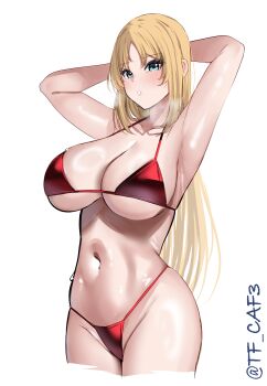 Rule 34 | 1girl, absurdres, alternate costume, arms behind head, bikini, blonde hair, blue eyes, blush, breasts, cleavage, collarbone, cropped legs, highres, kantai collection, large breasts, long hair, navel, nelson (kancolle), one-hour drawing challenge, open mouth, red bikini, simple background, solo, swimsuit, tf cafe, twitter username, white background
