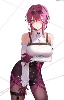 1girl bare_shoulders black_pantyhose black_shorts breasts eyewear_on_head gloves high-waist_shorts highres honkai:_star_rail honkai_(series) kafka_(honkai:_star_rail) large_breasts looking_at_viewer pantyhose purple_eyes purple_gloves purple_hair round_eyewear shirt short_hair shorts simple_background sunglasses white_background white_shirt wuwuwu_(kriswu555)
