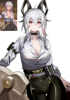 1girl absurdres ahoge arm_pouch black_choker black_horns black_pants breasts button_gap choker cleavage closed_mouth collarbone commentary curled_horns earrings erlisa_takanashi grey_hair hair_between_eyes high-waist_pants highres horns jewelry key_earrings large_breasts long_hair looking_at_viewer mole mole_on_breast mole_under_eye multicolored_hair paid_reward_available pants red_eyes reference_inset shield shirt shirt_tucked_in simple_background solo streaked_hair thigh_gap white_background white_shirt wuthering_waves zani_(wuthering_waves)