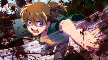 1girl akasaka_miyuki belt black_belt black_shoes blood blood_on_neck brown_hair chair crazy foot_out_of_frame game_cg green_jacket grey_pants hair_between_eyes highres higurashi_no_naku_koro_ni higurashi_no_naku_koro_ni_mei holding holding_shovel indoors jacket messy_room non-web_source official_art one_side_up open_clothes open_jacket open_mouth orange_shirt pants plate purple_eyes restaurant shirt shoes short_hair short_sleeves shovel solo table teeth v-shaped_eyebrows wet_lens