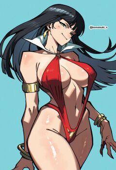 1girl absurdres aqua_background armlet bat_earrings black_hair blue_eyes bracelet breasts collar earrings gold_armlet gold_bracelet highres jewelry komatsuki_n large_breasts long_hair looking_at_viewer red_slingshot_swimsuit slingshot_swimsuit solo swimsuit twitter_username vampirella vampirella_(character) white_collar