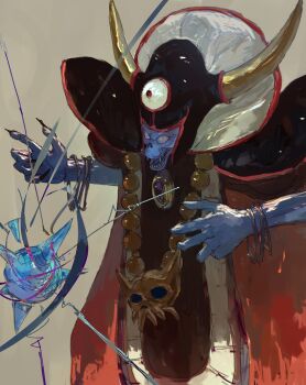 Rule 34 | 1boy, armor, black helmet, blue skin, bracelet, colored skin, commentary request, dragon quest, dragon quest iii, fake horns, fingernails, gem, gold necklace, helmet, highres, horned helmet, horns, impasto, jewelry, long fingernails, looking at viewer, looking up, magic, monster, necklace, no humans, open mouth, orange robe, pauldrons, purple gem, red eyes, robe, sharp fingernails, sharp teeth, shoulder armor, skull necklace, small pupils, solo, sukepmonster, teeth, third eye, white eyes, yellow background, yellow horns, zoma