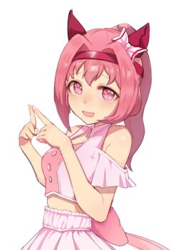 1girl absurdres animal_ears bare_shoulders bow chinese_commentary commentary_request hair_intakes hairband haru_urara_(umamusume) highres horse_ears horse_girl horse_tail index_fingers_together looking_at_viewer medium_hair mixed-language_commentary open_mouth partial_commentary pink_eyes pink_hair pink_shirt pink_tail red_hairband shirt simple_background solo tail umamusume white_background white_bow yin_lan-
