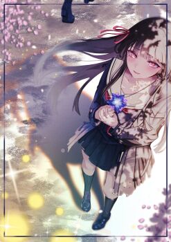 0_tsunamayo_0 1girl 1other absurdres black_hair black_jacket black_serafuku black_shirt black_shoes black_skirt black_socks blake_bloom_(wuthering_waves) chisa_(wuthering_waves) closed_mouth collarbone commentary hair_ribbon highres jacket long_hair looking_at_viewer mole mole_under_eye red_eyes red_ribbon ribbon sailor_collar school_uniform serafuku shirt shoes skirt smile socks white_sailor_collar wind wuthering_waves