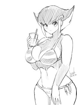 1girl artist_name bikini breasts cleavage curvy dated drink highres k.nock kouzuki_anna large_breasts looking_at_viewer monochrome multicolored_hair navel orange_hair pink_hair short_hair side-tie_bikini_bottom sideboob sketch smile solo swimsuit traditional_media two-tone_hair wide_hips worried yellow_eyes yu-gi-oh! yuu-gi-ou yuu-gi-ou_zexal