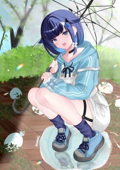 Rule 34 | 1girl, absurdres, black choker, blue bow, blue hair, blue hoodie, blue shoes, bow, choker, collarbone, colored inner hair, commentary request, flower, grey eyes, hair flower, hair ornament, highres, holding, holding umbrella, hood, hood down, hoodie, kaeha, long sleeves, multicolored hair, open mouth, overalls, reflection, shoes, skirt, squatting, transparent, transparent umbrella, tree, tsumugi kokage (1st costume), umbrella, virtual youtuber, vspo!, white flower, white overalls, white skirt