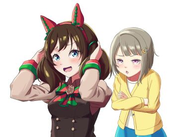 2girls animal_ears blue_eyes commentary_request cosplay fake_animal_ears grimmyhiji headband highres horse_ears love_live! love_live!_nijigasaki_high_school_idol_club maeda_kaori multiple_girls nakasu_kasumi nice_nature_(poinsettia_ribbon)_(umamusume) nice_nature_(umamusume) nice_nature_(umamusume)_(cosplay) osaka_shizuku simple_background umamusume voice_actor_connection white_background