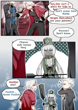 1girl 2boys black_coat black_shirt blue_vest charon_(project_moon) chinese_commentary coat commentary_request cowboy_shot crossed_arms dante_(devil_may_cry) devil_may_cry_(series) english_text goawat grey_eyes grey_hat greyscale hat highres holding holding_oar limbus_company long_hair low_twintails monochrome multiple_boys oar open_mouth project_moon red_coat shako_cap shirt speech_bubble twintails vergil_(devil_may_cry) very_long_hair vest white_hair