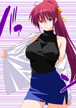 Rule 34 | 1girl, bare shoulders, blue eyes, braid, breasts, closed mouth, commentary request, engo (aquawatery), hair ribbon, highres, large breasts, long hair, looking at viewer, lyrical nanoha, mahou shoujo lyrical nanoha, mahou shoujo lyrical nanoha strikers, open clothes, open shirt, pencil skirt, ponytail, purple hair, ribbon, shirt, signum, simple background, skirt, sleeveless, sleeveless shirt, solo, tsab ground military uniform, white shirt