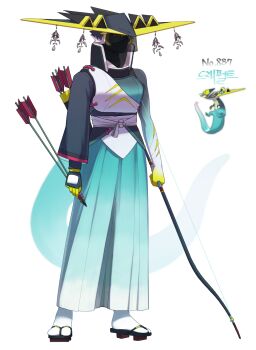 Rule 34 | alternate color, arrow (projectile), black hair, black hat, bow (weapon), dragapult, full body, gen 8 pokemon, geta, gloves, hakama, hat, highres, holding, holding arrow, japanese clothes, multicolored hair, muneate, nintendo, personification, pokedex number, pokemon, pokemon (creature), quiver, qumyak, red eyes, shiny pokemon, socks, solo, tail, two-tone hair, veil, weapon, white hair, white socks