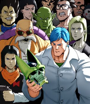 2girls 6+boys android_17 android_18 angry antennae aqua_hair bald bead_necklace beads beard black_eyes black_hair blonde_hair blue_eyes blue_hair blue_nails bulma cell_(dragon_ball) chaozu clenched_teeth closed_eyes closed_mouth colored_skin commentary domino_mask dragon_ball dragonball_z earrings english_commentary evil_smile eye_mask facial_hair father_and_child father_and_daughter father_and_son frown glasses goketerhc green_skin gun handgun highres holding holding_gun holding_mask holding_weapon jewelry lab_coat looking_at_viewer male_focus manly mask meme multiple_boys multiple_girls muscular muscular_male mustache muten_roushi nail_polish neckerchief necklace old old_man open_mouth orange_neckerchief pan_(dragon_ball) parent_and_child pearl_necklace perfect_cell piccolo pointy_ears saiyan_armor serious shirt short_hair skull skull_necklace smile son_gohan sunglasses teeth tenshinhan twitter_username unworn_mask vegeta viltrumite_group_shot_(meme) weapon wrinkled_skin yamcha