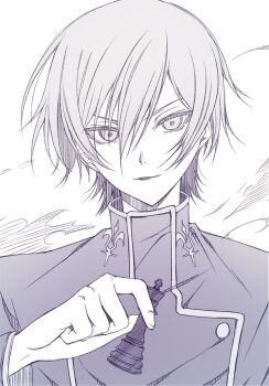 1boy ashford_academy_school_uniform chess_piece code_geass counter:side greyscale hair_between_eyes highres holding holding_chess_piece king_(chess) lelouch_vi_britannia light_smile long_sleeves looking_at_viewer male_focus mixed-language_commentary moka_(mochafree) monochrome school_uniform short_hair tsurime upper_body v-shaped_eyebrows white_background