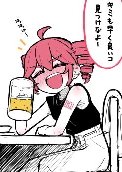 1girl ahoge arm_tattoo bare_shoulders beer_mug blush chair cup drill_hair drunk ear_blush elbow_rest facing_viewer gomashio_lettuce highres holding holding_cup kasane_teto looking_to_the_side mug open_mouth pants red_hair shirt shirt_tucked_in sidelocks simple_background sitting sleeveless sleeveless_shirt smile solo speech_bubble table tattoo translation_request twin_drills utau white_background