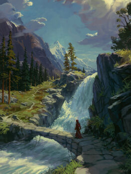 1other absurdres blue_sky bridge cloud commentary day english_commentary highres holding holding_polearm holding_weapon hood hood_up hooded_robe krita_(medium) landscape long_sleeves mountain mountainous_horizon nature original outdoors path philipp_urlich pine_tree polearm red_hood red_robe road robe scenery sheath signature sky spear stone_walkway stream sunlight tree walking water waterfall weapon wide_shot