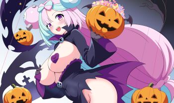 1girl alternate_costume breasts highres iono_(pokemon) large_breasts multicolored_hair nintendo no_panties open_mouth pokemon pokemon_sv pon_tanuki_(ga7fsrge9jxblaw) sharp_teeth solo teeth two-tone_hair