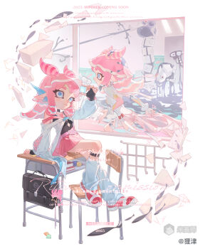 1girl absurdres bag bag_charm belt black_bag black_gloves black_shirt blue_eyes blue_hair chair charm_(object) closed_mouth color_chip_(splatoon) commission desk earrings extra_ears fingerless_gloves fingernails gloves hat highres jacket jewelry leotard long_sleeves loose_socks marching_andante mihuashi_506932 mihuashi_commission mihuashi_logo multicolored_hair multiple_views nintendo o-ring_strap on_desk open_clothes open_jacket paint_splatter pink_belt pink_hair pink_hat pink_shoes pink_skirt pleated_skirt pointy_ears puffy_long_sleeves puffy_sleeves school_chair school_desk sea_slug_ears sea_slug_girl sharp_fingernails shirt shoes sitting skirt sleeveless sleeveless_shirt socks splatoon_(series) splatoon_3 splatoon_3:_side_order streaked_hair swarming_languendo tentacle_hair towering_nobilmente unworn_bag watermark white_gloves white_hair white_jacket white_leotard white_socks