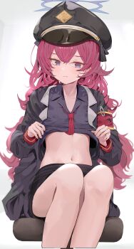 1girl absurdres armband black_coat black_hat black_shirt black_skirt blue_archive blush breasts clothes_lift coat collared_shirt dress_shirt grey_eyes halo hat highres iroha_(blue_archive) long_hair long_sleeves looking_at_viewer miniskirt navel necktie open_clothes open_coat peaked_cap pencil_skirt pjkka red_hair shirt sitting skirt small_breasts solo thighs wavy_hair