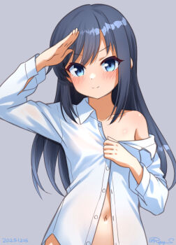 1girl asashio_(kancolle) black_hair blue_eyes blush commentary_request dated grey_background kantai_collection long_hair long_sleeves looking_at_viewer naked_shirt navel no_bra no_panties one-hour_drawing_challenge ray.s salute shirt smile solo twitter_username white_shirt