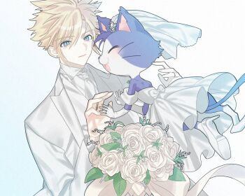 1boy 1other blonde_hair blue_eyes blue_fur bouquet bridal_veil bride cait_sith_(final_fantasy) cat closed_eyes closed_mouth cloud_strife collared_shirt detached_sleeves dress earrings elbow_gloves fang final_fantasy final_fantasy_vii final_fantasy_vii_rebirth final_fantasy_vii_remake flower gloves groom hair_between_eyes high_heels highres holding holding_bouquet jacket jewelry mob_bouto_1 neckerchief open_mouth rose shirt shoes short_hair single_earring smile spiked_hair strapless strapless_dress suit_jacket tiara tuxedo tuxedo_cat two-tone_fur upper_body veil vest waistcoat wedding wedding_dress white_flower white_fur white_gloves white_jacket white_neckerchief white_rose white_shirt white_shoes white_vest