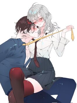 1boy 1girl breasts brown_hair brown_necktie closed_mouth collared_shirt femdom grey_hair hair_between_eyes hashtag-only_commentary hetero highres honkai:_star_rail honkai_(series) jacket long_hair long_sleeves mr._reca_(honkai:_star_rail) multicolored_hair necktie open_clothes red_eyes sanya_(sanya_lox228) shirt short_hair simple_background skirt smile stelle_(honkai:_star_rail) trailblazer_(honkai:_star_rail) white_background white_shirt yellow_eyes yellow_necktie