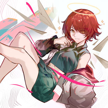 1girl alternate_costume arknights belt black_shirt black_skirt commentary_request cropped_shirt detached_wings exusiai_(arknights) eyes_visible_through_hair feet_out_of_frame grey_jacket hair_over_one_eye halo hand_up highres jacket jacket_partially_removed legs long_sleeves looking_at_viewer midriff multicolored_jacket naoel_(naoel_art) parted_lips red_belt red_jacket shirt short_hair single_bare_shoulder skirt sleeveless sleeveless_shirt two-tone_jacket wings yellow_eyes yellow_halo